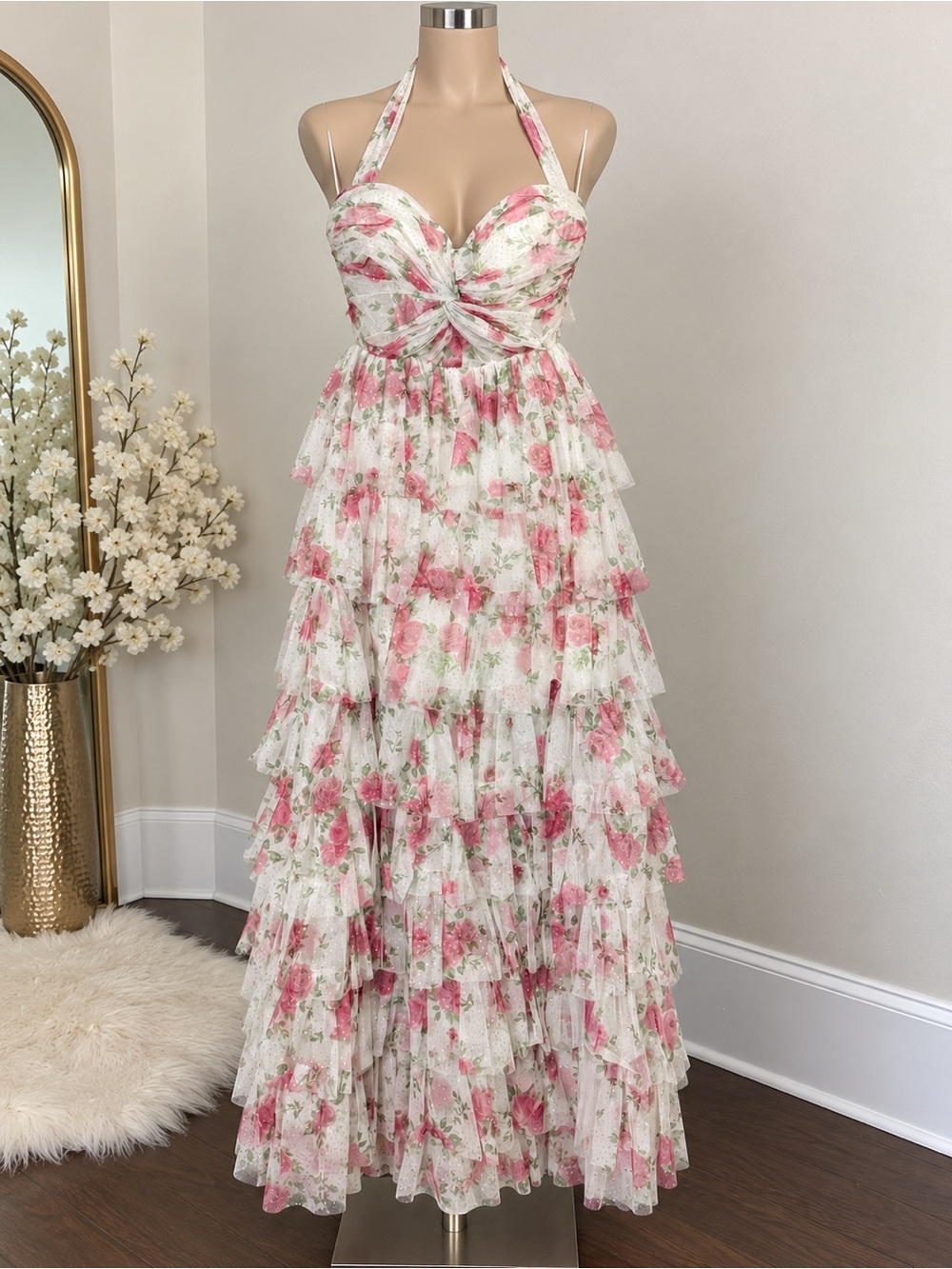 City Studio Pink Floral Halter Tiered Ruffle Maxi Dress